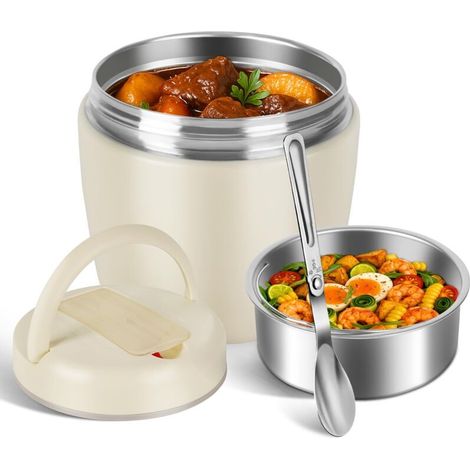 Boîte à bento de style japonais, en acier inoxydable 304, boîte à lunch isotherme, adaptée aux employés de bureau - blanc cassé (1,2 litres) (1/5)