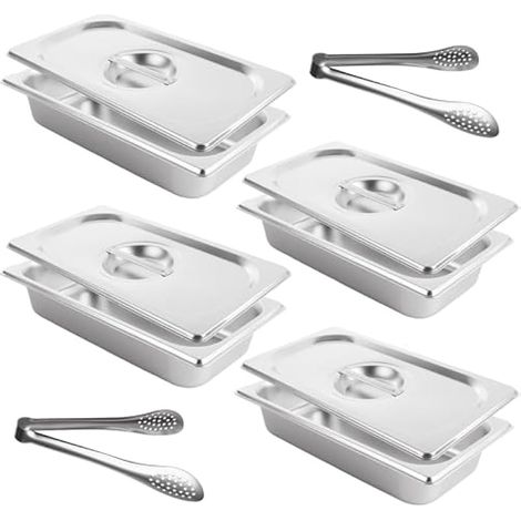 Lot de 4 casseroles Gastronorm 1/3 en acier inoxydable avec couvercles et 2 pinces de cuisine, 65 mm de profondeur GN Pots, 32,5 x 17,5 x 6,5 cm (1/5)