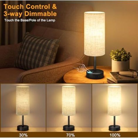 Lampe de chevet tactile dimmable, lampe de table avec fonction de charge prise USB A+C+, abat-jour en lin, lampe pour table de chevet, salon, chambre, chambre d'enfant, bureau (ampoule incluse) (1/4)