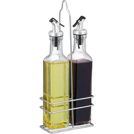 Relaxdays Set per Olio e Aceto, 2 Bottigliette da 300 ml per la Tavola e la Cucina, Beccuccio Salvagioccia, Trasparente