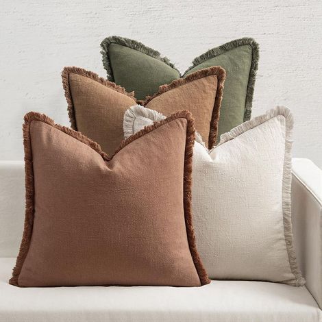 Lot de 4 housses de coussin décoratives d'automne en lin neutre à franges, style bohème rustique, pour lit, canapé, salon, maison, 45 x 45 cm, beige/marron/vert (1/4)