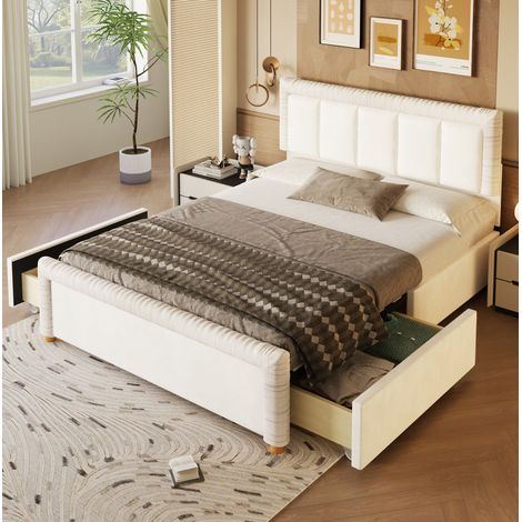 Lit rembourré 140/200 cm beige en velours avec 2 tiroirs (1/5)