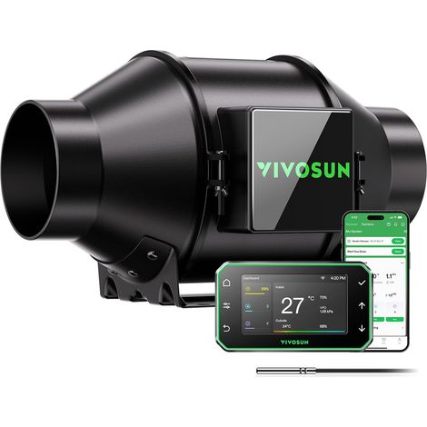 Ventilateur en ligne 100 mm 330 m³/h avec moteur EC et contrôle VPD, WiFi/App, ventilation pour tentes de culture, refroidissement et hydroponie (1/5)