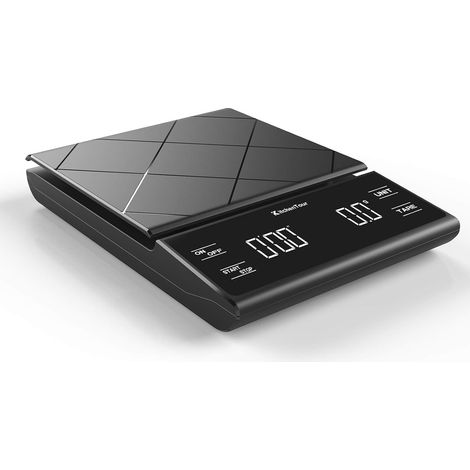 KitchenTour Pèse-café numérique multifonction avec minuterie haute précision 3 kg/0,1 g – Verser sur goutte à goutte – Balance expresso avec écran LCD lumineux (piles incluses) – Noir (1/5)