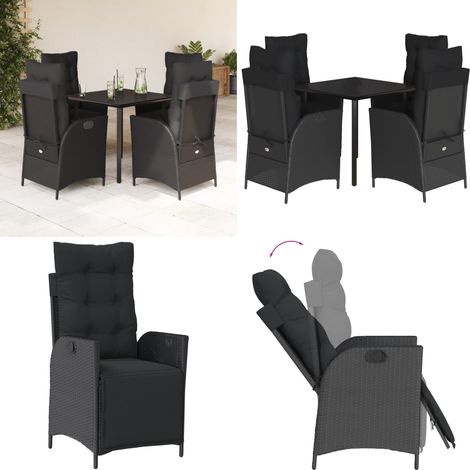 5-tlg. Garten-Essgruppe mit Kissen Schwarz Poly Rattan - Gartenstuhl - Gartentisch (1/5)