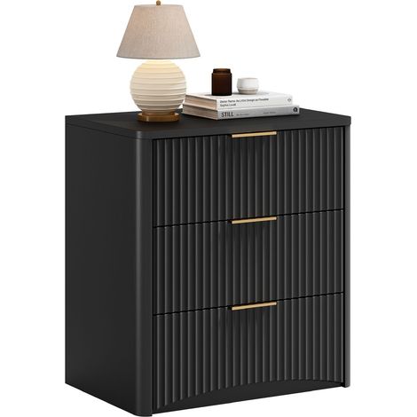 Table de chevet avec 3 Tiroirs et Glissières Amorties, Coins Arrondis, pour Chambre, en MDF, 58×38×64 cm, Noir (1/5)