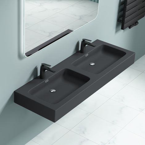 doporro Doppelwaschbecken Waschbecken BTH: 140x48x13 cm Partner-Waschbecken aus Gussmarmor Anthrazit (Matt) Colossum830 (1/5)