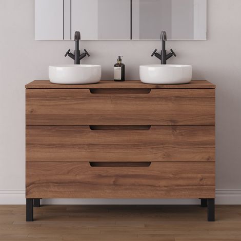 Meuble de salle de bain 120cm avec plateau et 2 vasques à poser rondes - 3 tiroirs - sans miroir - noyer (bois foncé) - RIZA (1/5)