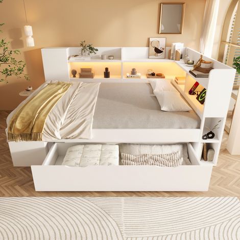 Tagesbett 140×200 cm, Doppelbett mit LED, USB, Typ C, Regalen und Schubladen, mit Matratze, aus Holz, Weiß