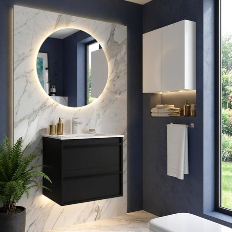 Meuble de salle de bain suspendu 60 cm avec lavabo en céramique et 2 tiroirs noir satiné – Urban