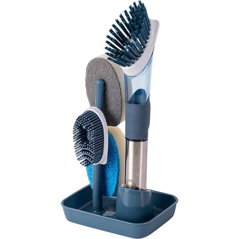 Brosse à vaisselle 4 en 1 avec distributeur de liquide, brosse à vaisselle avec manche et support, brosse de cuisine remplaçable pour la vaisselle, nettoyage des casseroles, évier, bleu (1/5)