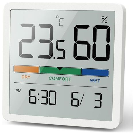 Hygromètre Thermomètre d'intérieur, thermomètre numérique de bureau avec moniteur de température et d'humidité, thermomètre d'ambiance à jauge d'humidité précise avec horloge(Blanc) (1/5)