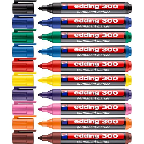 300 marqueurs permanents - 10 couleurs - 10 stylos - Pointe ronde 1,5-3 mm - résistant à l'eau, séchage rapide - résistant à l'effacement - pour carton, plastique, verre, bois, métal (1/5)