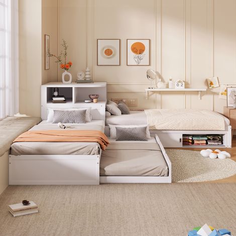 Cama plataforma en forma de L de 90x200 con cama extraíble y puerta corrediza de almacenamiento, incluye luz nocturna, color blanco. (1/5)