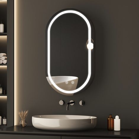 Spiegelschrank Oval mit Beleuchtung 40x70cm Bad Spiegelschrank mit Beleuchtung Badspiegel mit Beleuchtung Badschrank Hängeschränke mit 3 Einstellbare Lichtfarben Beschlagfrei, Schwarz (1/5)