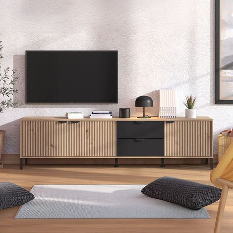 Mueble TV Scapoli, 2 cajones, un estante, 3 puertas, 208x40x54.5h cm Roble Marrón Nudos (1/5)
