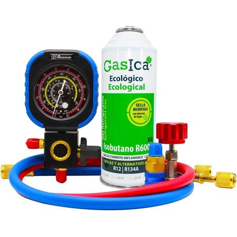 Pack Gasica D2 226g. Gas Refrigerante Orgánico Sustituto del R12 y R134A más manometro, llave y conector rápido (1/5)