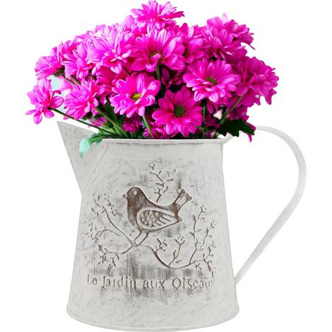 BELLE VOUS Pot de fleurs vintage en métal, vase rétro 13 cm - Décoration style bidon à lait français avec anse - Vase rustique vintage orné d'un oiseau - Pot idéal pour la maison, un mariage ou un bur (1/5)