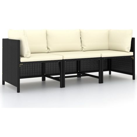 vidaXL Divano da Giardino a 3 Posti con Cuscini in Polyrattan Nero