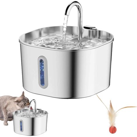 Fuente de agua para gatos Féliflow, fuente de agua para gatos de acero inoxidable de 2,2 L, dispensador de agua automático ultrasilencioso para mascotas con ventana transparente (elemento filtrante no