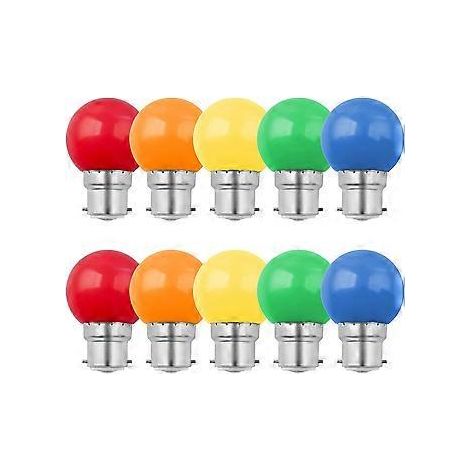 10er-Pack 1W B22 LED-Farblampe, farbige Bajonettlampe, entspricht 10W Glühlampe, G45 Mini-Globe-Glühbirne, Rot, Grün, Blau, Orange, Gelb