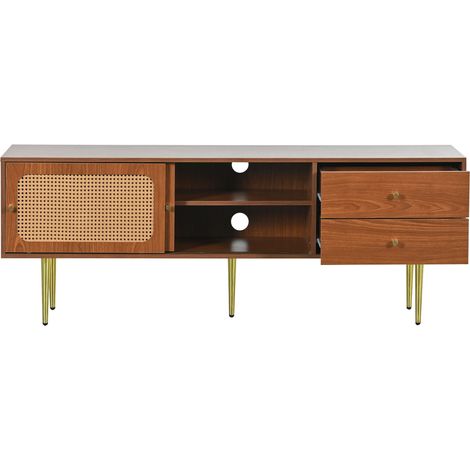 Mobile TV in MDF color noce con ante scorrevoli effetto rattan, 2 cassetti, 4 vani, 160 x 40 x 60 cm (1/5)