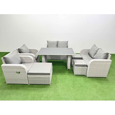 Fimous 8 Pieces Outdoor PE Rattan Sofa Reclining Chair Set Patio Garden Furniture Sets with Cushions 3 Stools Light Grey (1/4)