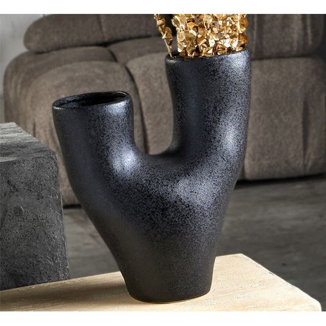 Vase abstrait. 2 bras, aspect pierre noire, 38 cm. 33 x 15 x 38 cm. (1/3)