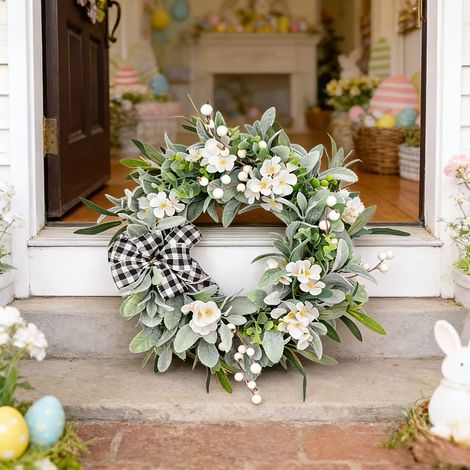 Couronne de Porte en Feuillage Artificiel 45 cm avec Fleurs Blanches, Couronne Florale Printanière pour Entrée, Maison, Mariage et Fêtes (1/5)