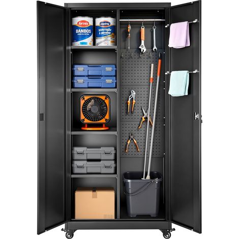 Armoire Métallique 179,5 cm 5 Niveaux, Meuble de Rangement en Acier Verrouillable, pour Outils Atelier Bureau, sur Roulettes, avec Étagères Réglables, 2 Portes Magnétiques, Tringles et Crochets (1/5)