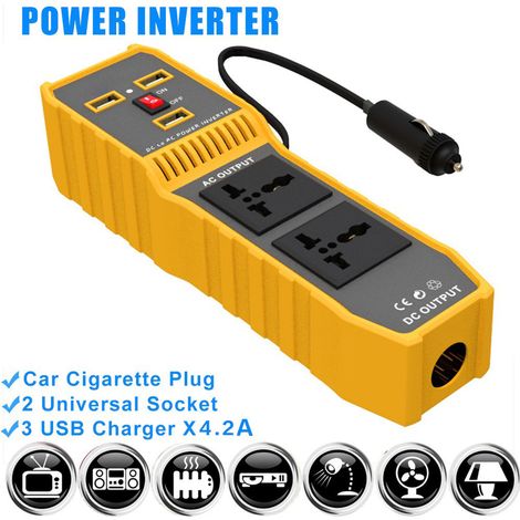 Convertisseur 12V CC vers 220V CA 200W pour voiture, adaptateur avec 3 ports USB, 2 prises universelles et 1 allume-cigare. (1/5)