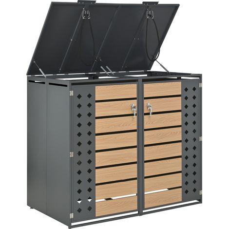 ELVMI Mülltonnenbox mit 2 Fächern, Hydraulikdeckel und Abschließbaren Türen aus Verzinktem Stahl in Grau Holzoptik (1/5)