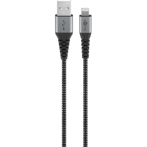 Cavo tessile Lightning a USB-A con connettori in metallo, 2 m, certificato MFi, cavo di ricarica e sincronizzazione elegante ed extra-robusto per Apple iPhone/iPad (nero, grigio). Lunghezza del Cavo 2 (1/5)