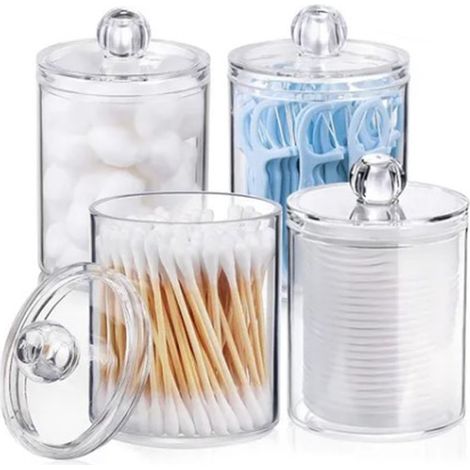 Ensemble de 4 pots de rangement ronds transparents en plastique PS pour cotons-tiges, boules de coton et disques démaquillants. (1/5)