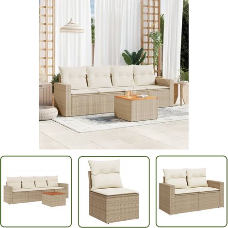 The Living Store 5-tlg. Garten-Sofagarnitur mit Kissen Beige Poly Rattan - Gartenmöbel Set - PE-Rattan Möbel - Outdoor Lounge - Esstisch Set - Balkonmöbel (1/5)
