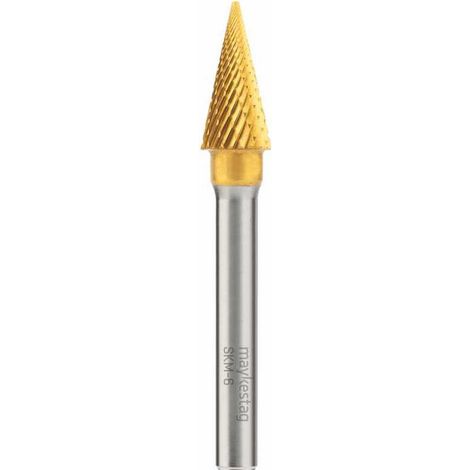 Fraise Rotative HM TiN Tige Cylindrique Conique à Pointe Fine - Fontes, Aciers D. 8 x Lt. 63 x Lu. 18 x Q. 6 mm - Diamwood
