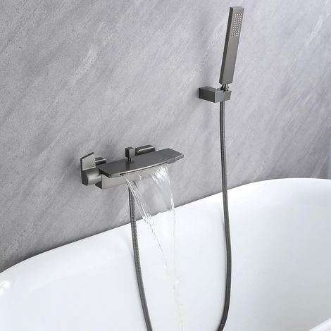 Robinet de baignoire avec pommeau de douche noir, baignoire cascade, pommeau de douche cascade mural (gris bronze brossé) (1/5)