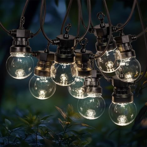 Guirlande lumineuse LED transparente de 5 m avec 10 ampoules - 24 V [fil de 4,0 mm de diamètre sans transformateur] Boîtier transparent G50 blanc chaud [Classe énergétique D]