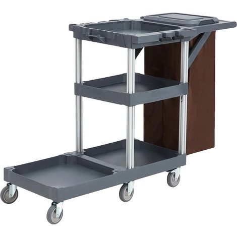 Carro de limpieza, dimensiones 95 cm x 49 cm x 22 cm, capacidad de carga 136 kg, 3 estantes, volumen de la bolsa 95 L, 6 ruedas giratorias (1/5)