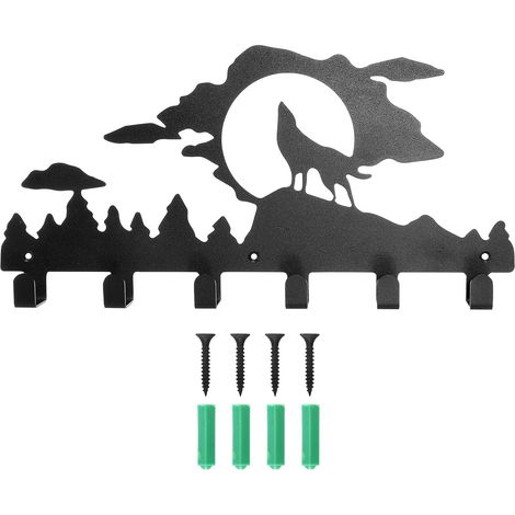 murale en fer avec 6 crochets en forme d animaux noire (1/5)