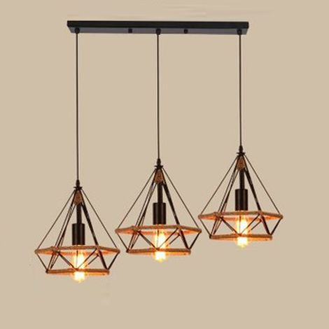 Lámpara Colgante, 3 Luces Vintage Lámparas de Techo con Ø25cm Pantalla, Industriale Cuerda de Cáñamo Luminaria de Techo Diamante E27 para Dormitorio Salon Cocina Comedor (Negro)