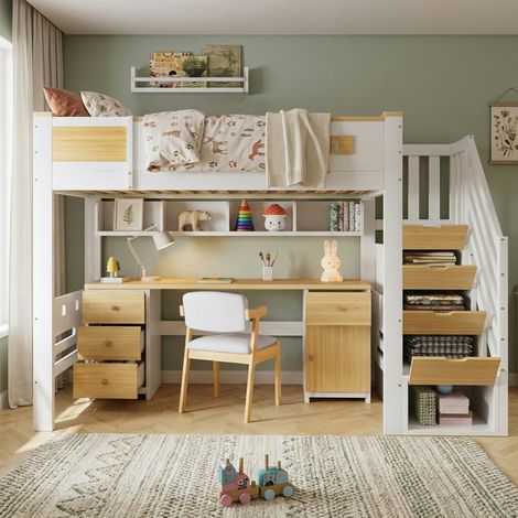 Lit mezzanine enfant 90x200 cm avec bureau intégré, tiroirs, escalier de rangement, étagère suspendue, structure en bois, blanc et naturel (1/5)