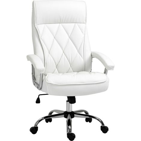 Fauteuil cuir blanc motif losange, chaise pivotante réglable en hauteur et fonction bascule, rembourrée