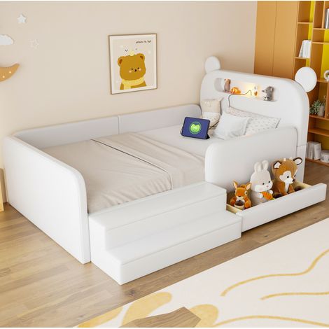 Kinderbett 90/200 cm in Weiß aus Kunstleder mit Bären-Kopfteil, Nachtlicht, USB-Anschluss und Stauraum (1/5)
