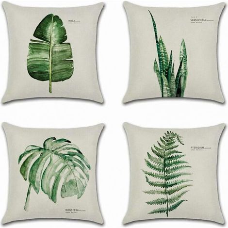 Fodere decorative per cuscini in cotone e lino, 45x45 cm – Set di 4, semplice motivo a foglie verdi, per divano, auto e interni