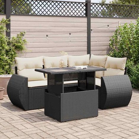 Salon de jardin 5 places en résine tressée noir avec table extensible et coussins crème - Canapé d'extérieur avec rangement intégré (1/5)