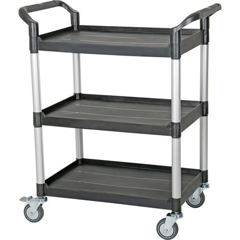 STIER Servierwagen, mit 3 Etagen, Schiebegriffe auf beiden Seiten, LxBxH 850x480x1000 mm, Tragkraft 150 kg, 4 Lenkrollen, 2 davon feststellbar, Etagenwagen, Schiebewagen, schwarz