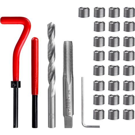 Kit de reparación de roscas de acero inoxidable M8, 30 piezas, con broca, macho de roscar, llave inglesa, insertos roscados y juego de herramientas manuales compatible con la reparación de automóviles (1/5)