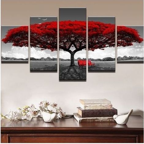 5 Pcs / Ensemble Moderne Toile Peinture Décor Rouge Arbre Art Toile Peinture à L'Huile Image Imprimer Sans Cadre (1/5)