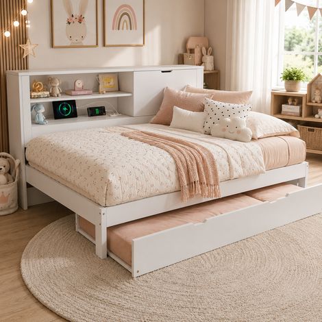 Schlafsofa mit Ausziehbett 140x190 cm weiß aus Holz mit Stauraum und Ladestation (1/5)